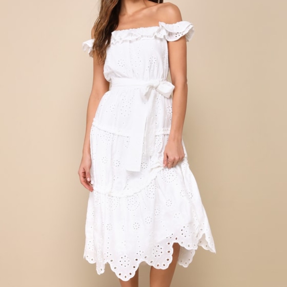 Lulus Memorable Charm White Tiered Eyelet Off-the-shoulder Midi Dress - Size S